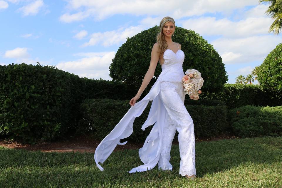 Bridal lace pants suit, elegant french lace low back top with satin flares with a nice elegant lace pants.