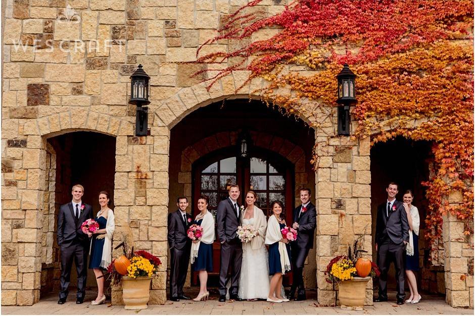 The couple with the bridesmaids and groomsmen