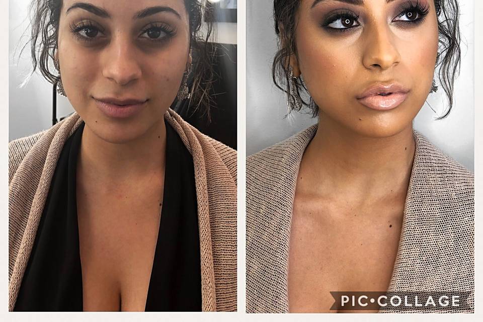 Before and after smokey eye make-up look