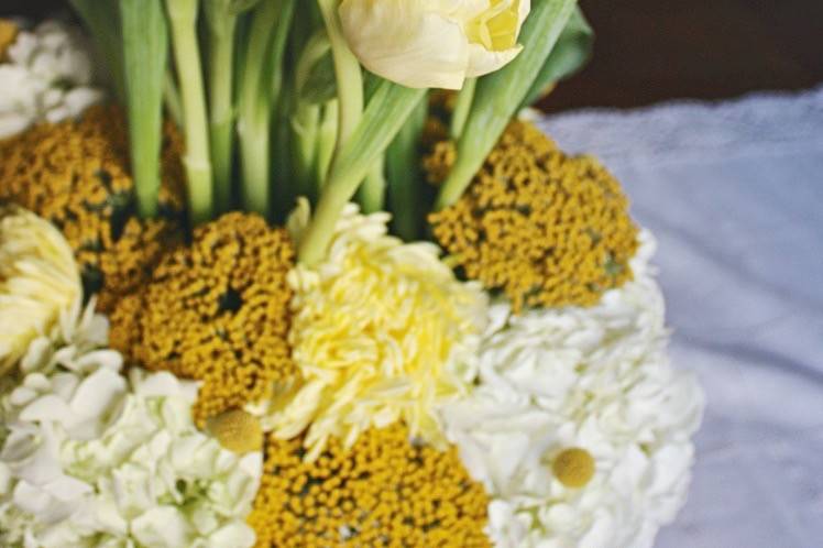 Whimsical yellow + gray holy communion