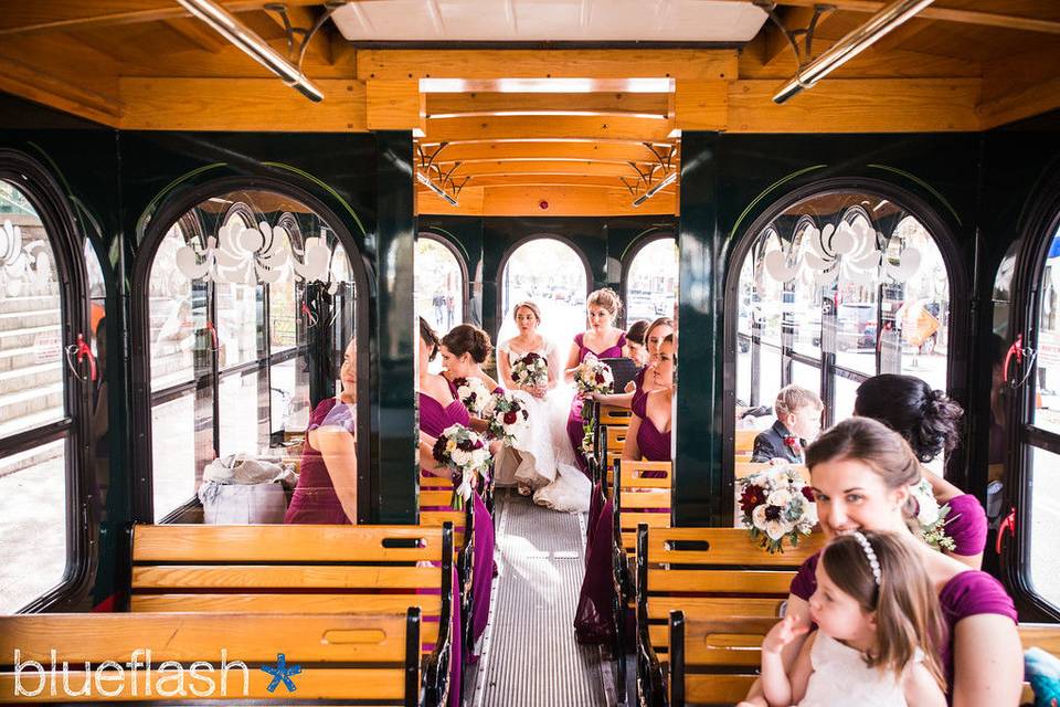 Wedding guests in the trolley