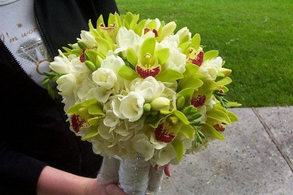 Green Cymbidium Orchid Bouquet accented with freesia.  Stems are French braided with sheer ribbon and finished with pearl headed pins.