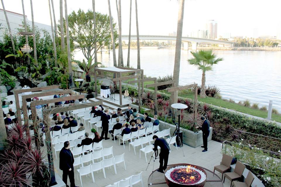 Luna solstice terrace with queen mary in the background.