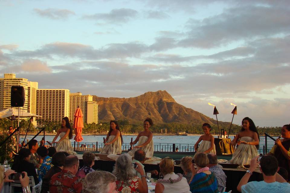 Great entertainment in Waikiki such as Royal Luau at the Royal Hawaiian Hotel -beautiful oceanfront setting with Diamond Head in the background