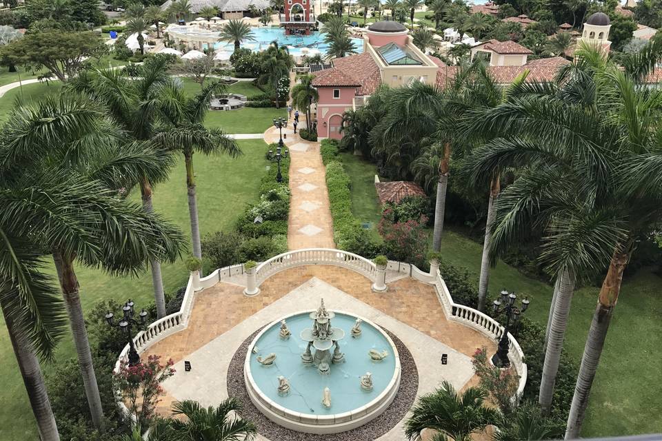 This gorgeous fountain is the centerpiece of Sandals Antigua - overlooking the main pool and the ocean beyond
