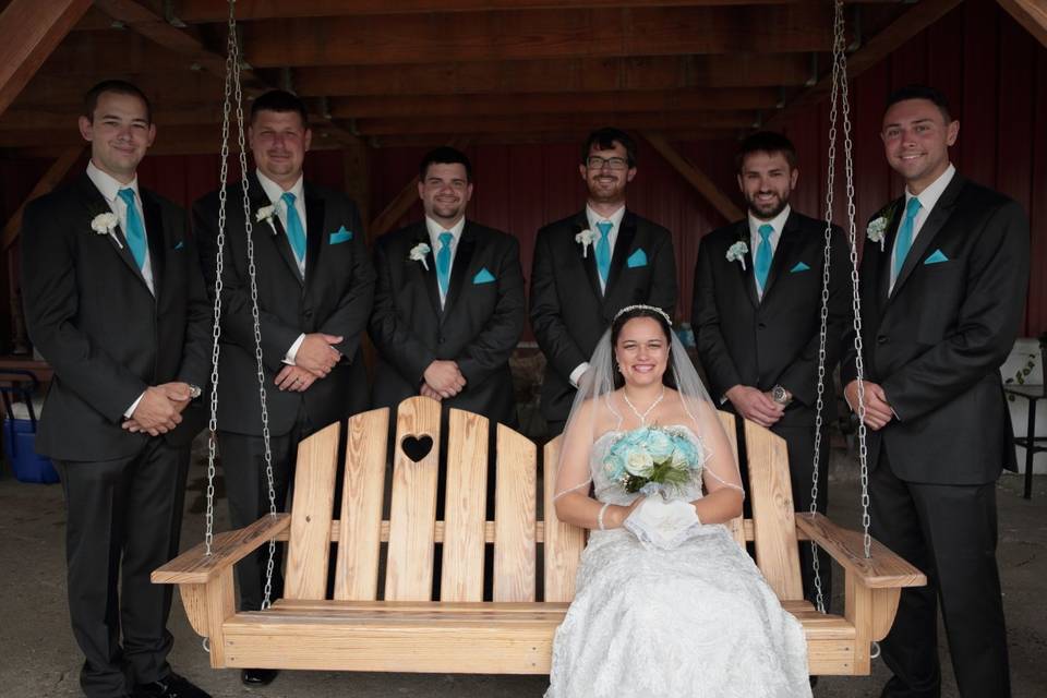 Bride sitting on a bench