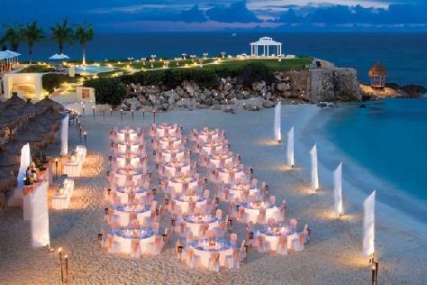 Aerial view of a beach front wedding