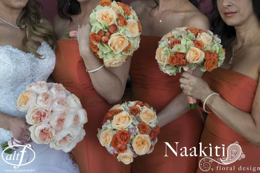 Orange and blush bouquets