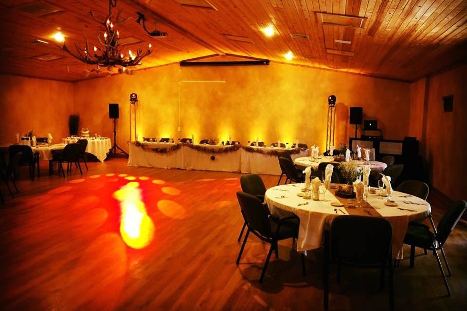 Orange uplighting in the reception area