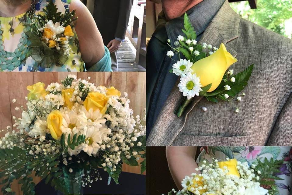 Nature's BountyYellow roses, baby's breath, leatherleaf fern, daisies