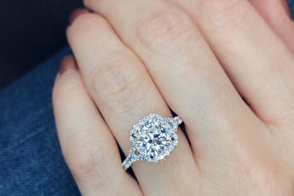 Cushion cut diamond halo ring