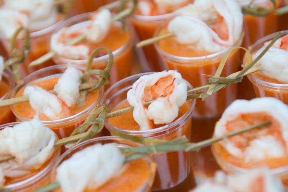 Heirloom tomato gazpacho with citrus-marinated shrimp