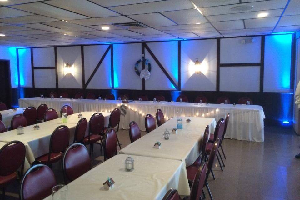 Wedding reception at the Arthur Haus in Wisconsin.  Here shown with 1 color for uplighting during dinner.