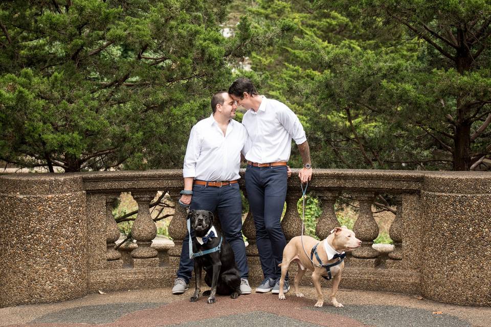 Two grooms and their dogs
