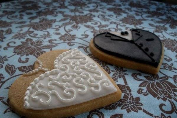 Bride and groom heart cookies.