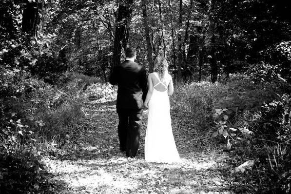 Bride and groom take a walk