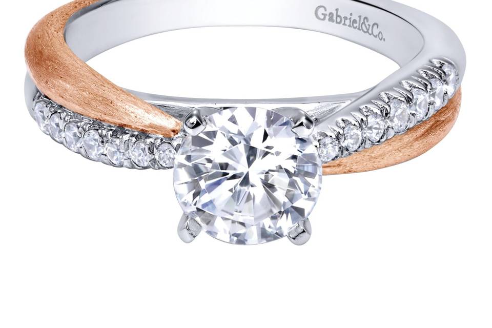 ER10300T44JJ	A touch of brushed pink gold adds whimsy to this diamond engagement ring with a tapered band.