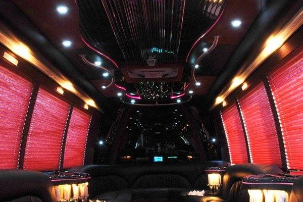 This is our larger party bus, which will accommodate 26-30 passengers.  Create a limo-style lounge feel for your guests as they journey to your wedding or use this vehicle for your bachelor or bachelorette parties.