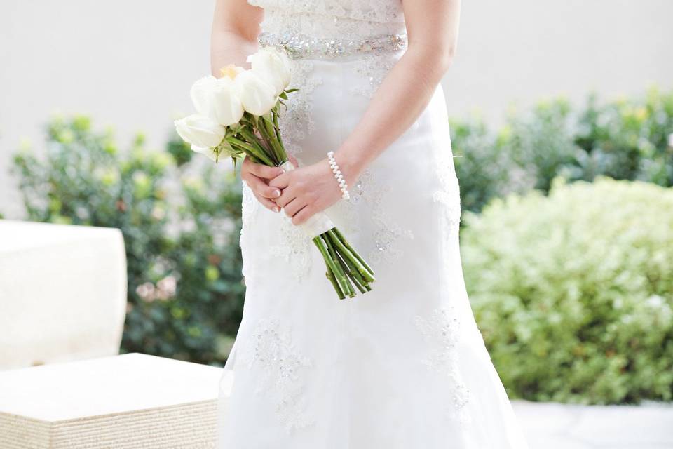 Wedding dress and bouquet