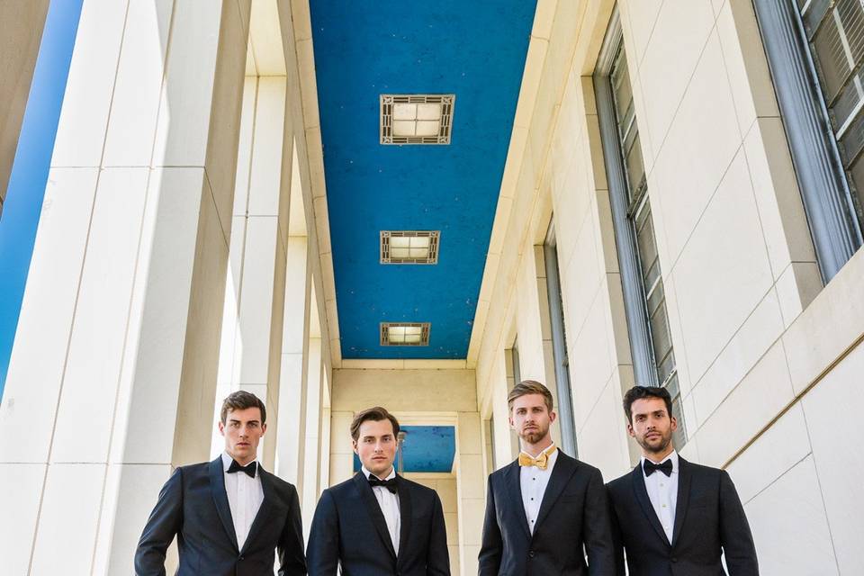 Handsome Groomsmen at Hall of State, Fair park in Dallas Texas