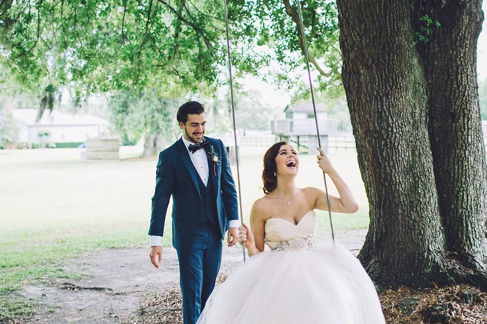 The bride and groom having fun