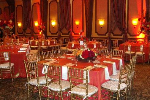 Barmitzvah at Jewish Federation in Beverly Hills wit Rentals provided by the Imperial Party Renals (Gold chiavari chairs with champagne velvet pad, Iridescent crushed orange linen, Satin Ivory napkins, Versage style china...)