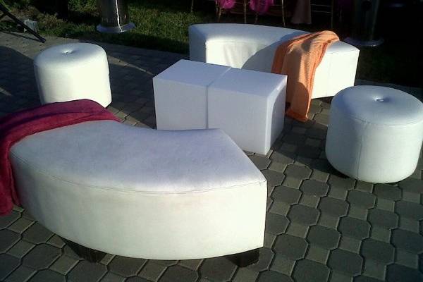Lounge/beach party in valley with Rentals provided by Imperial Party Rentals (serpentine bench, round ottoman, lighed cube...)