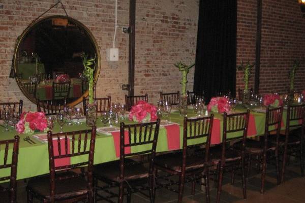 Family Style Wedding at Marvimon Los Angeles with rentals provided by Imperial Party Rentals (Mahogany Chiavari chairs with satin brown cushion, kiwi linen, Fuschia napkins, square china, gibson flatware, glassware....)
