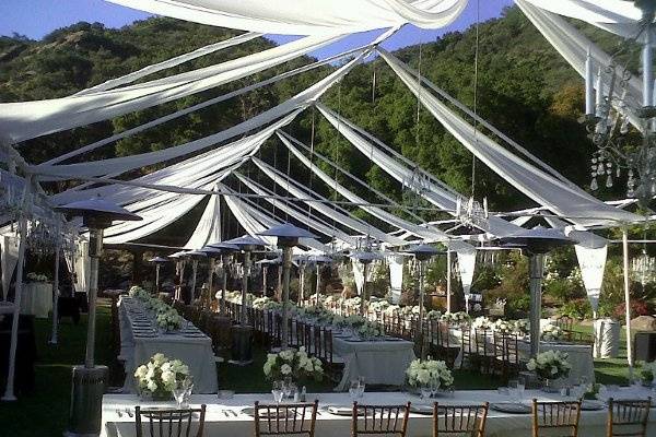 Family Style Wedding at Marvimon Los Angeles with rentals provided by Imperial Party Rentals (Mahogany Chiavari chairs with satin brown cushion, kiwi linen, Fuschia napkins, square china, gibson flatware, glassware....)