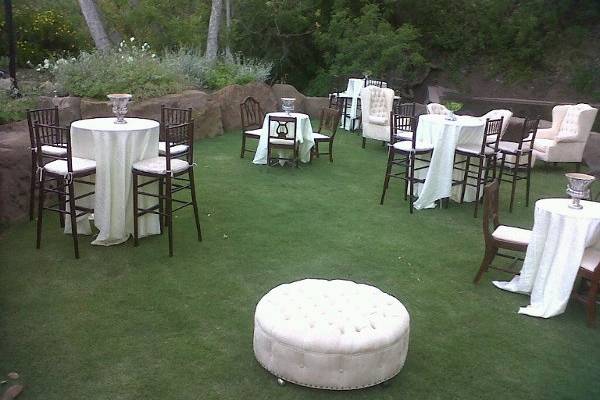 Cocktail hour at wiggy ranch with rentals provided by Imperial Party Rentals (cocktail tables, chiavari bar stools...)