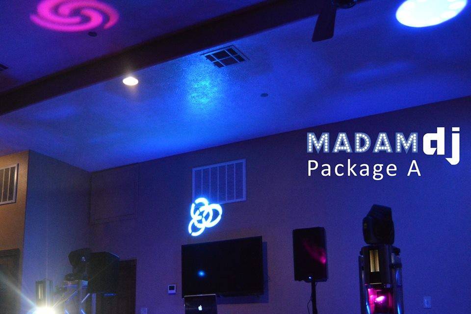 Package A is our biggest package which includes 4 intelligent lights, 4 uplights, sound system, wireless mic, 2 DJ's, emcee services, and event planner.(Sound system will be either QSC or Bose speakers)