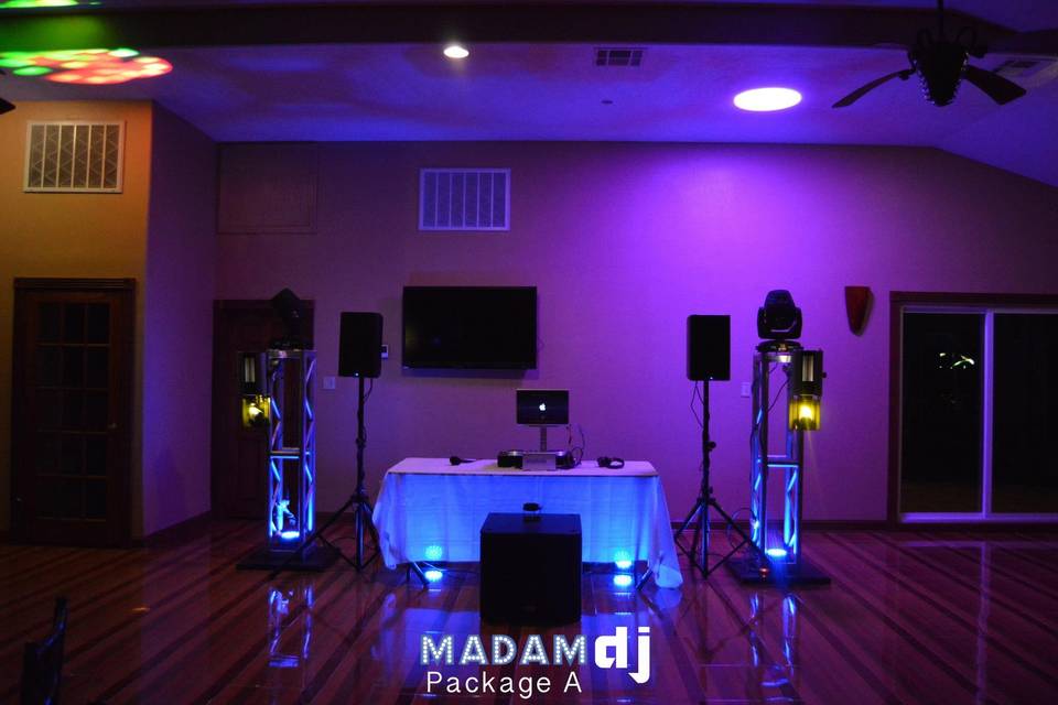 Package A is our biggest package which includes 4 intelligent lights, 4 uplights, sound system, wireless mic, 2 DJ's, emcee services, and event planner.(Sound system will be either QSC or Bose speakers)This pic shows the QSC system