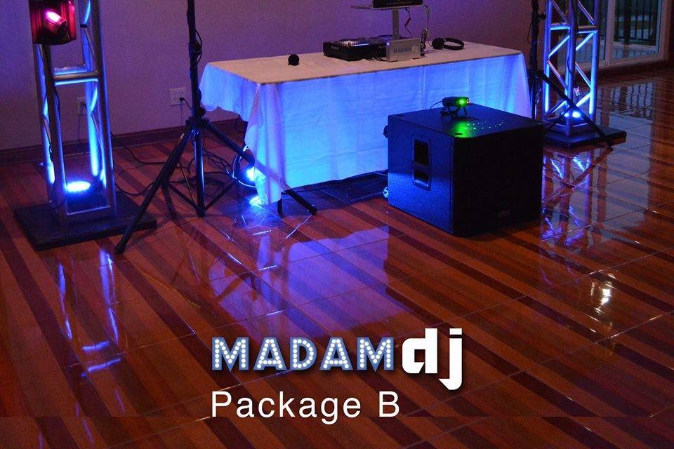 Package B is our most popular package. It provides a a really good light show for most parties. For parties larger than 200 people we recommend Package A which is a bigger light display.  This package includes 2 intelligent lights, 4 uplights, sound system, wireless mic, 2 DJ's, emcee services, and event planner.(Sound system will be either QSC or Bose speakers)