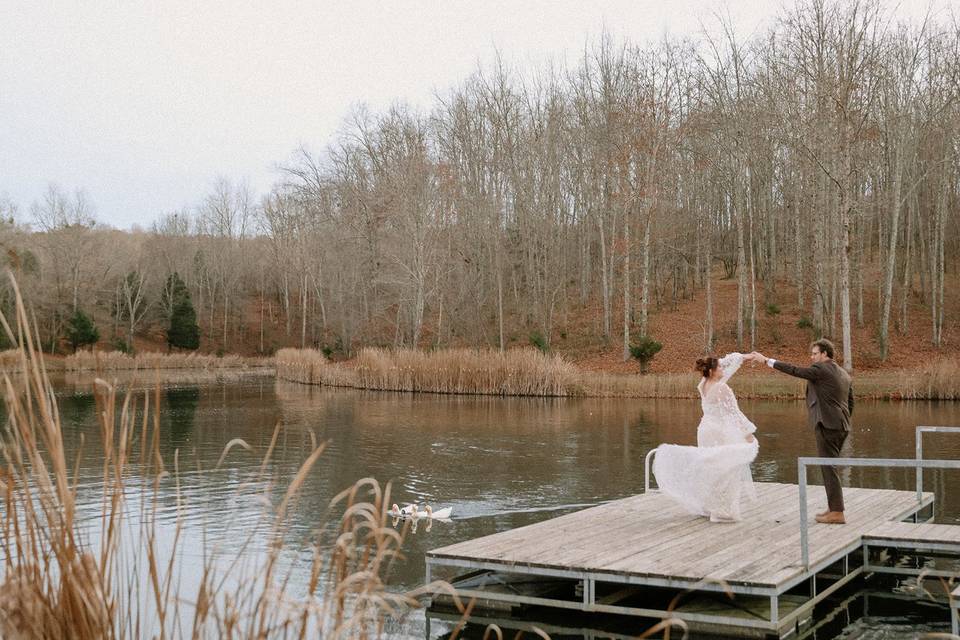 Bride, groom and ducks