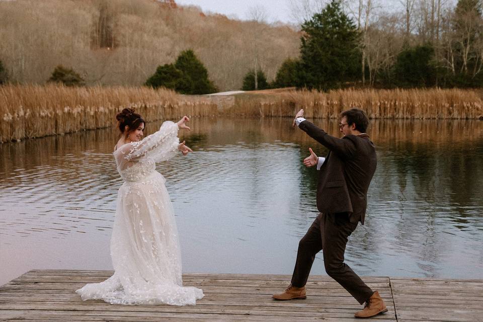 Bride, groom and ducks