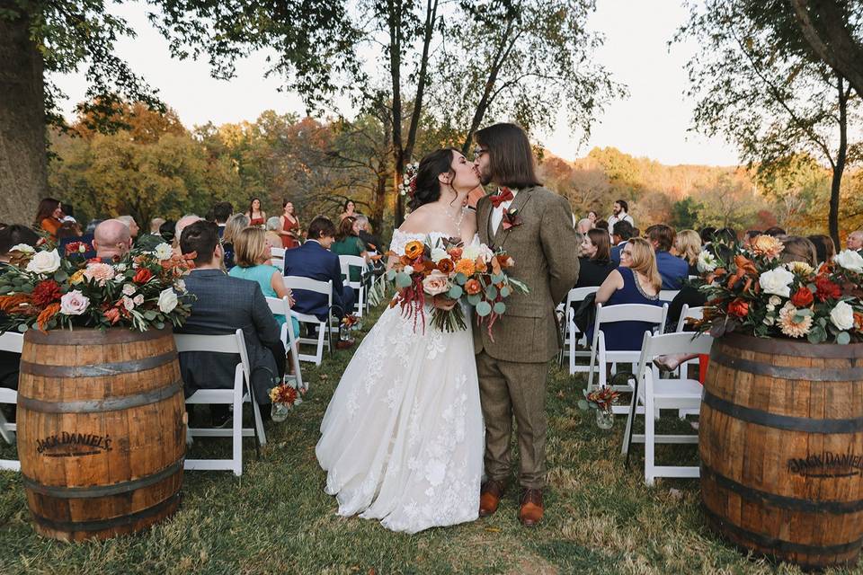 Bride and groom kiss