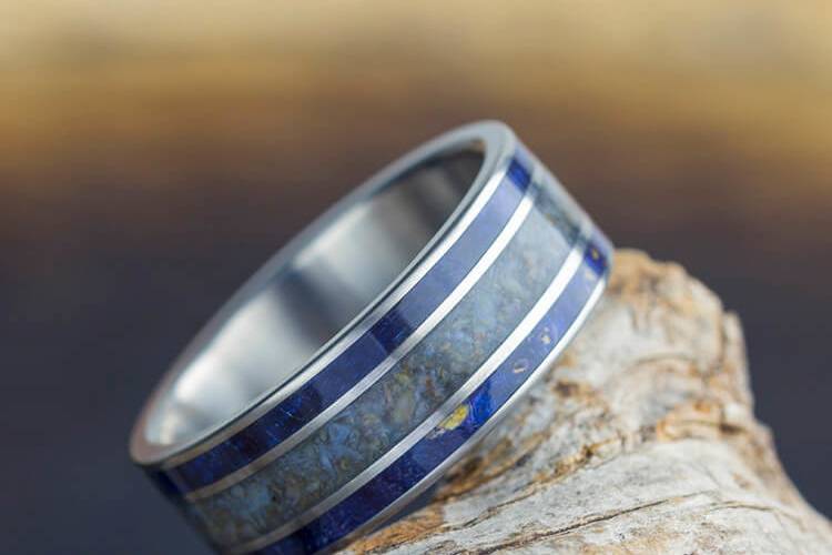 Blue Titanium Ring with Fossil