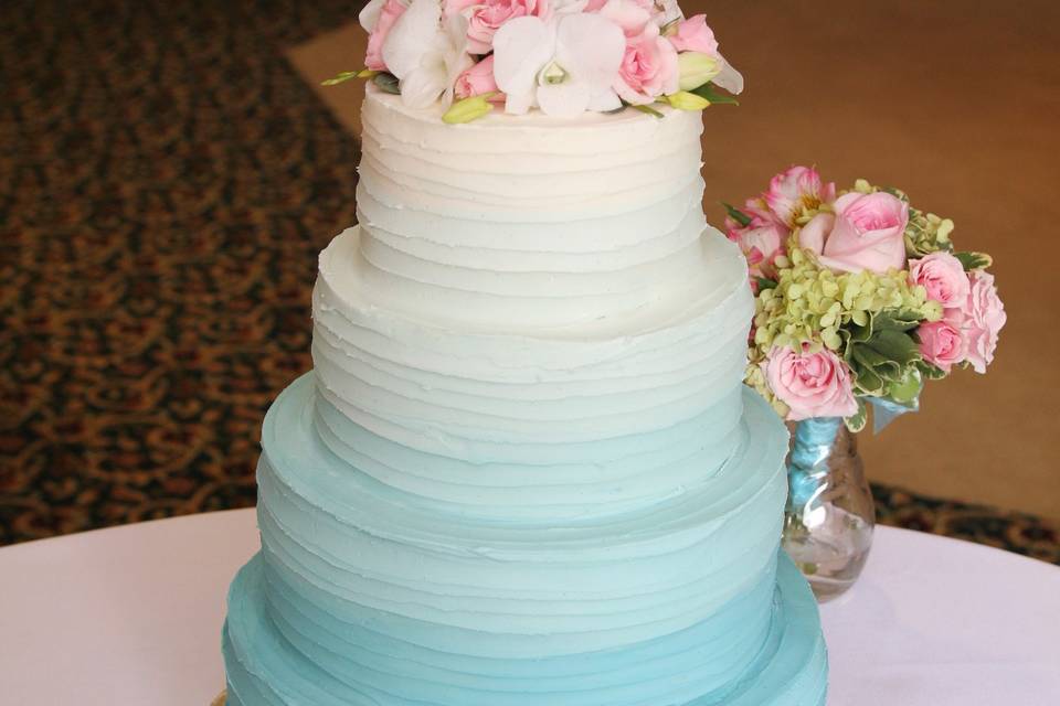 Ombre Buttercream Wedding Cake, Fresh Flowers, And Topper.