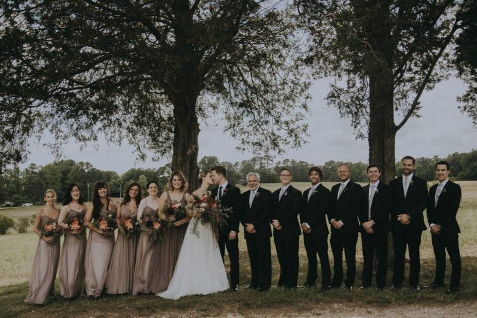 Newlyweds, bridesmaids, and groomsmen