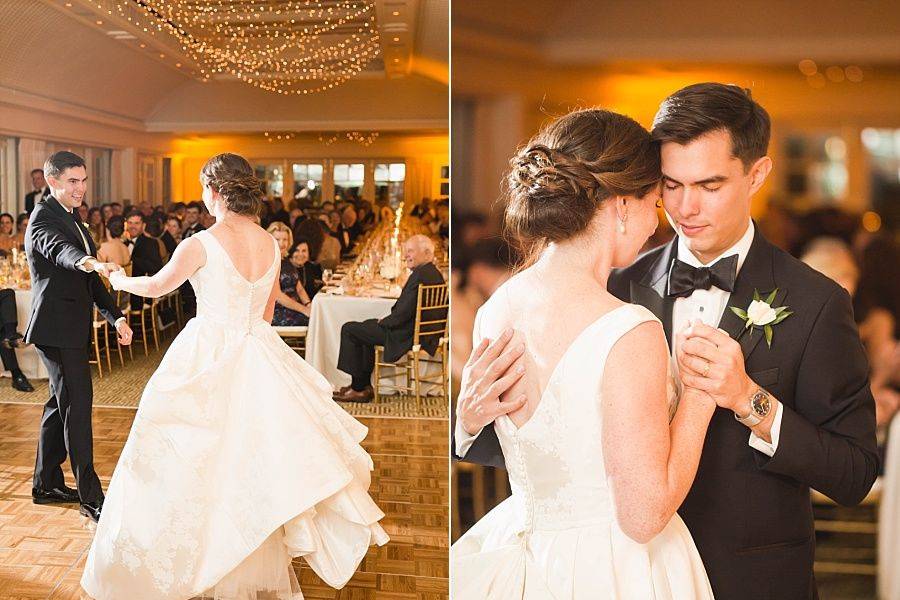 First dance romance on a classic wood parquet dance floor.