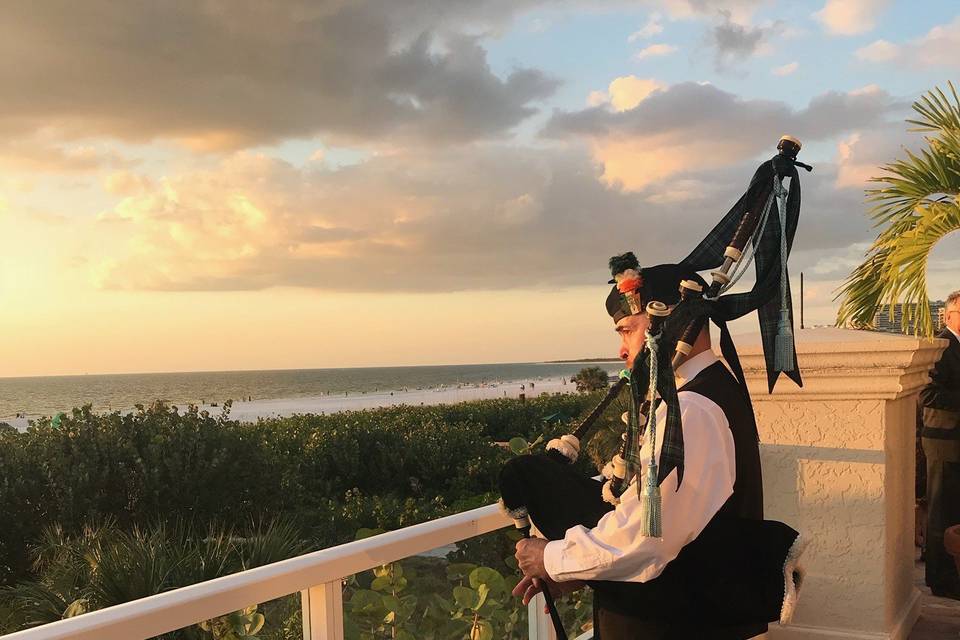 Marco Island, Irish bagpiper, sunset on the beach