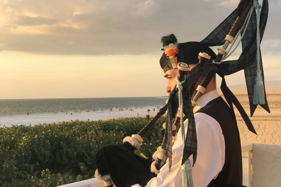 Marco Island, Irish Bagpiper, sunset on the beach