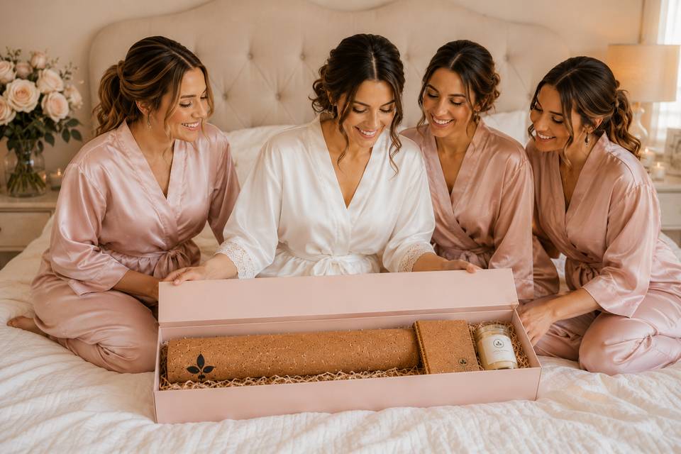 Bride opening long gift box