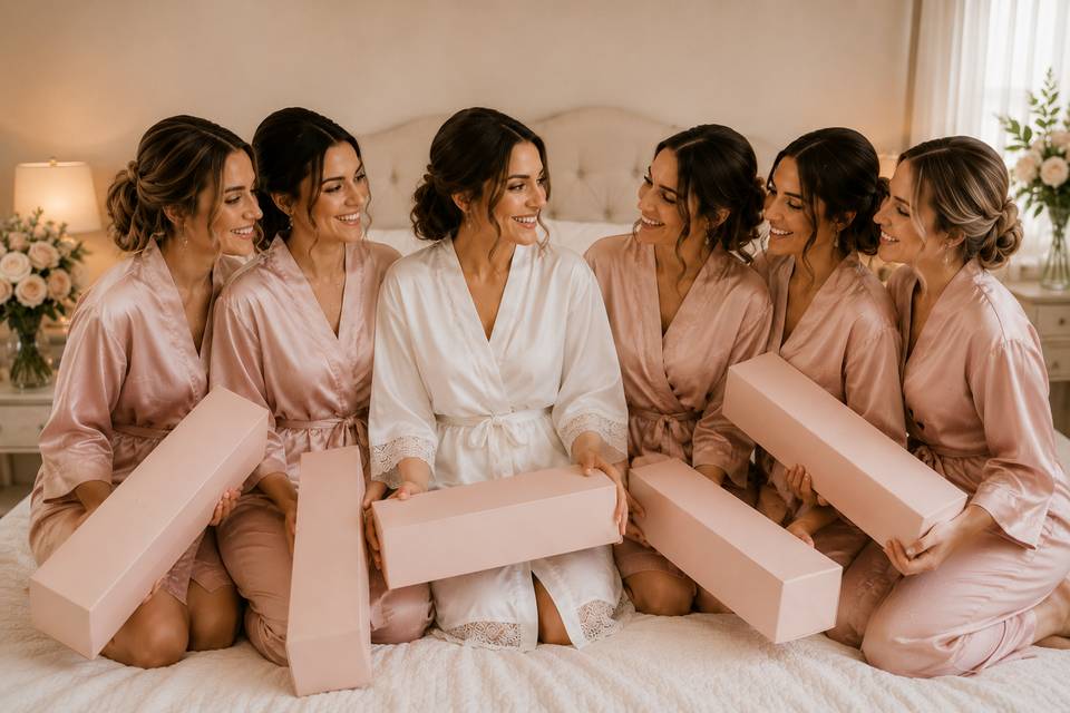Bridesmaids gathered around gi