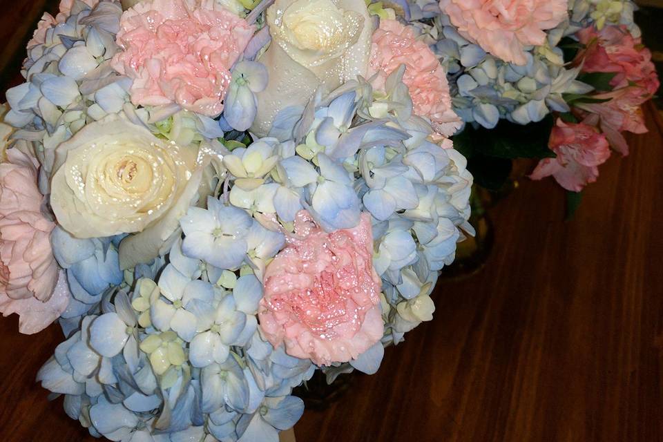Blue, peach and ivory bouquet