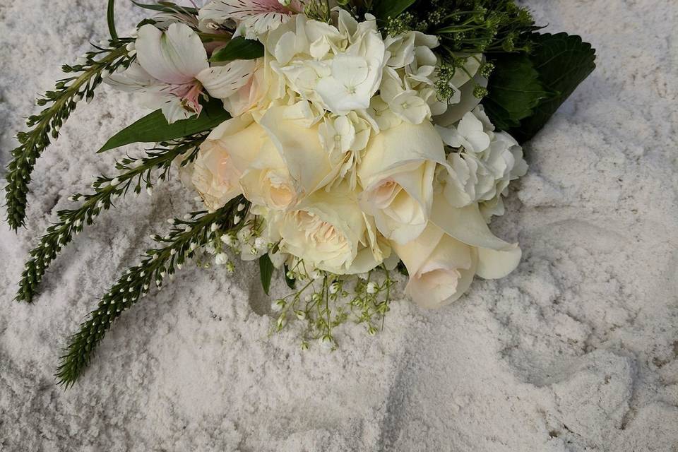 Ivory and white bouquet with white rose boutineere