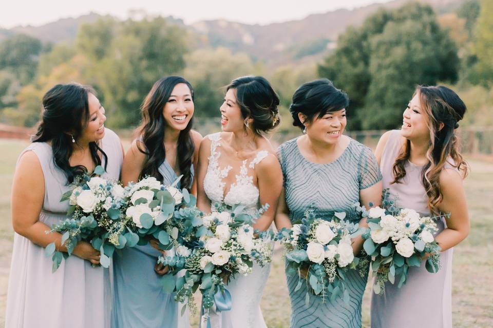 Dusty blue + white bouquets