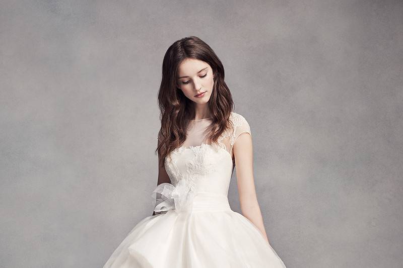 Style VW351297 <br> Tulle ball gown with scroll lace appliqués on bodice and tulle and patternednet skirt with scattered pearls.