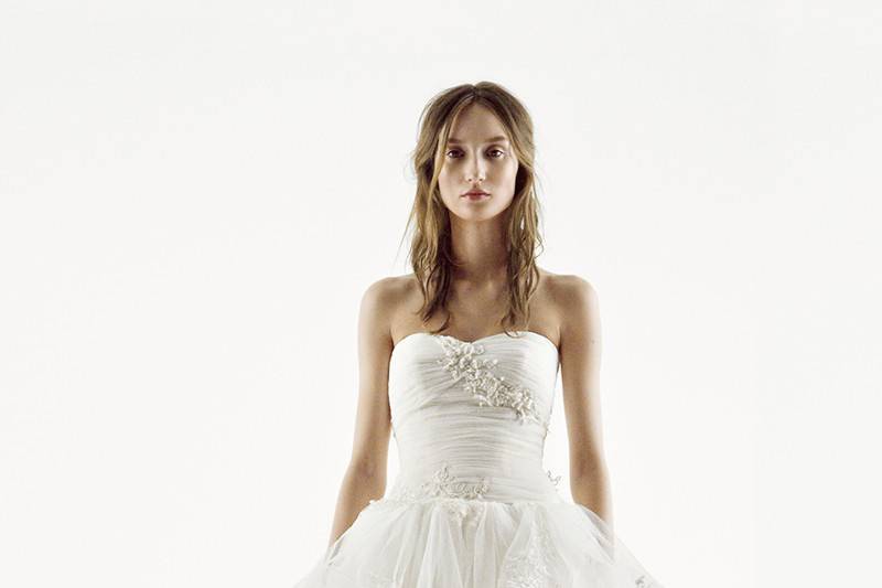 White by Vera Wang Style	VW351371	Organza ball gown with V-neckline, spaghetti straps, beaded lace bodice, and ruffled skirt. Chapel train.