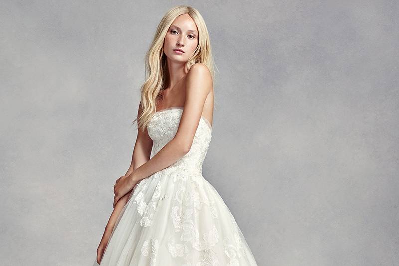 White by Vera Wang Style	VW351178	Textured organza ball gown with draped bodice, split-front overlay, and asymmetrically draped tulle skirt. Chapel train.